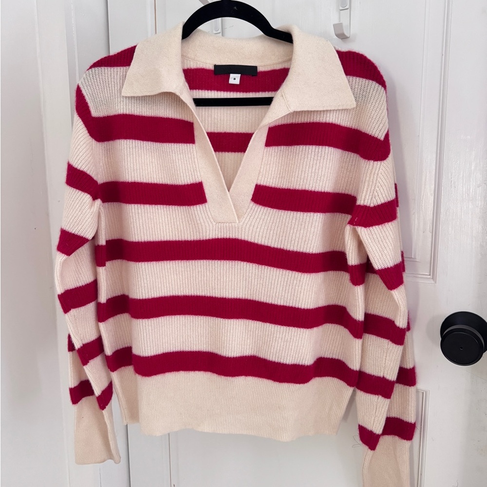 WYETH Red & White Striped 100% Cashmere Collared Sweater